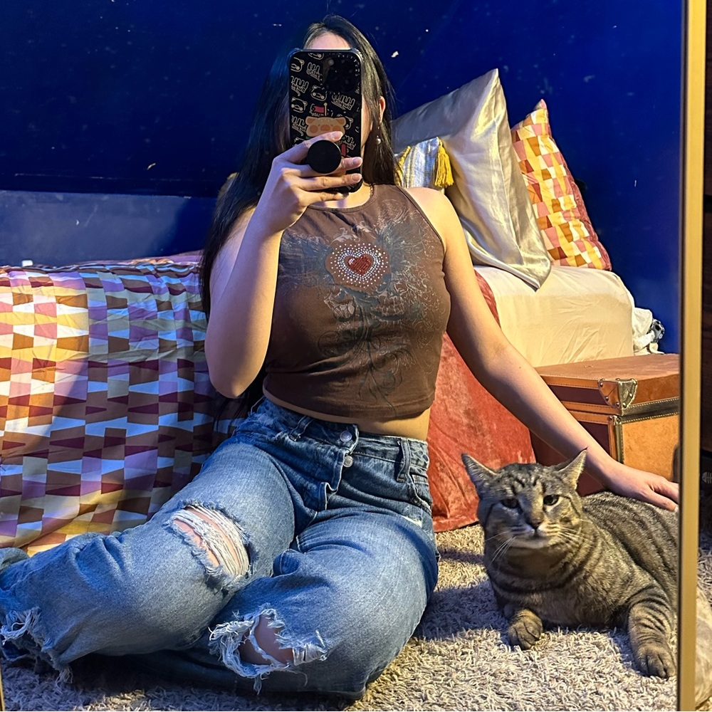 [ Red Bejeweled Brown Crop Top ]